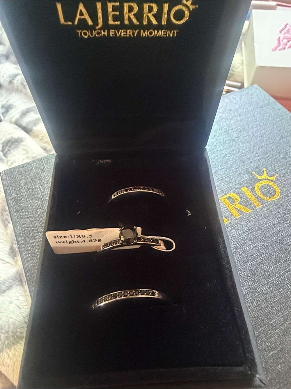 LAJERRIO Black Stone 3-Piece Bridal Wedding Ring Set Size 9.5